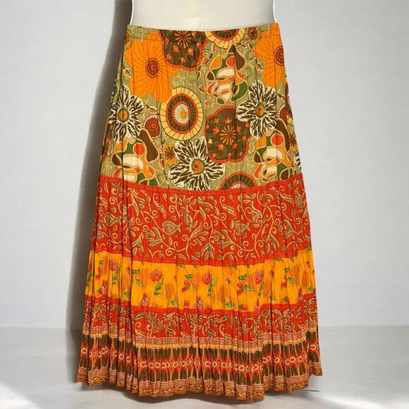 Coldwater Creek Boho Patchwork Floral Peasant Skirt PM Orange Tiered Y2K Midi - Picture 6 of 7